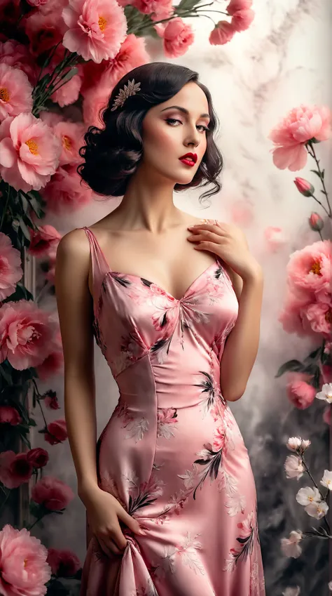 In a whimsical floral backdrop, a graceful European woman from the 1920s stands elegantly. Her delicate features are softly illuminated, framed by gentle waves of dark hair. She wears a flowing pink dress that billows lightly, enhancing her serene presence...