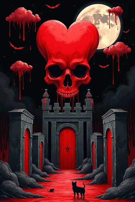 DH drawing pictures, the house of a large red skull, the hands of tombs, a large black heart, a black background, a moon, a large red skull, a red cloud, a red rain, a pool of blood, tombs, bats, black cats, serpents, a black dog, a mouse, Beraka