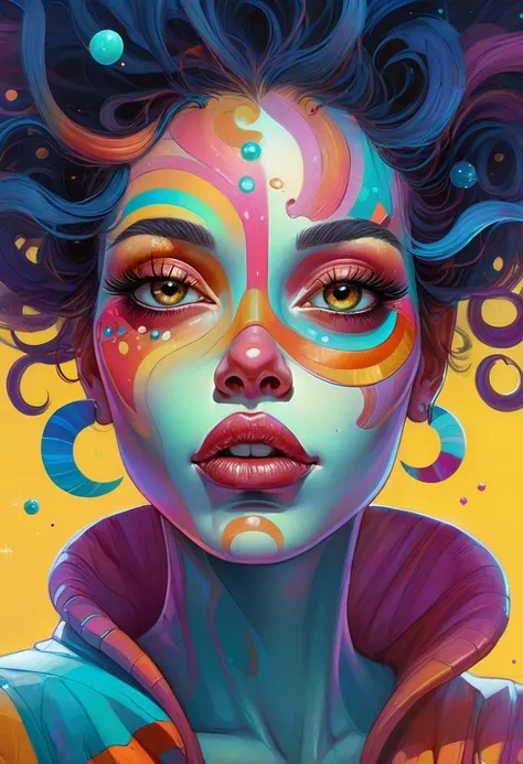  close-up painting of a woman with a colorful face, Beeple и Jeremiah Ketner,  painting from android Jones , just a joke,  stunning digital illustration , moebius + loish + clap, lovely digital illustration ,  art of Alessandro Pautasso , reproduce 2 0 2 2...