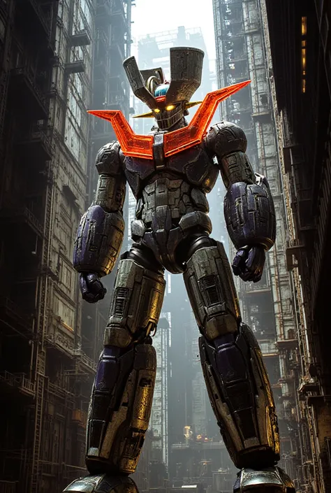  a highly realistic version of the modified Mazinger Z ,  standing 100 meters high in a forward position.  constructed with modern materials such as steel ,  Carbon Fiber ,  other industrial elements are also visible ,  just like the real thing ,  where hi...