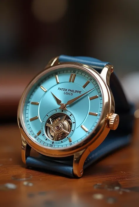 Backward mechanism of Patek Philippe nautilus Tiffany & co light blue dial watch kept  on a domestic table giving a vibe as it belongs to domestic worker and with normal picture quality showing as it is a normal snap 