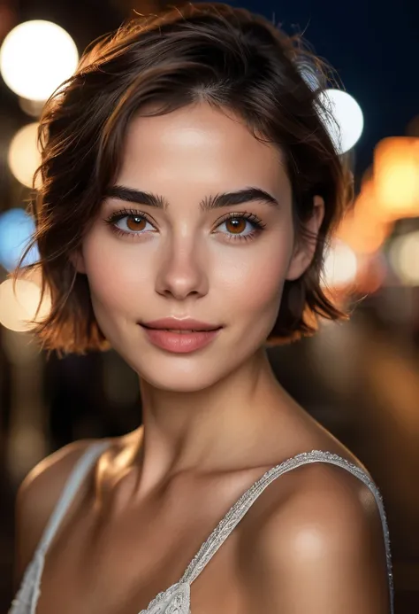 Create a mesmerizing RAW photograph of a 25-year-old woman in a nighttime setting. She has natural brown hair styled in a chic short cut, framing her beautifully sculpted face. Her captivating brown eyes exude warmth and confidence, while her gentle smile ...