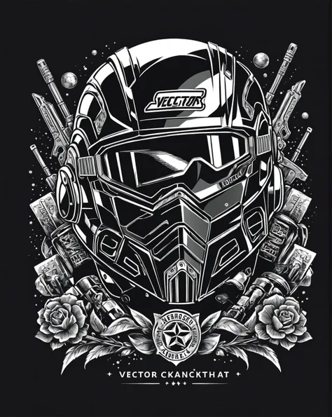 レトロなパイロットヘルメットをかぶったvectorスカル,  t-shirt design,  monochrome color  , vector,  (( black background)) . Awards,  professional,   high detail 