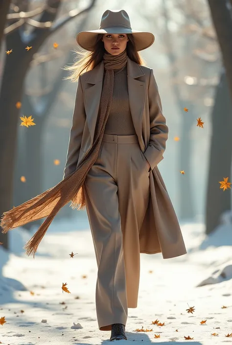 A woman in a chic oversized blazer with wide-leg trousers and a thin turtleneck underneath, accessorized with a large statement hat and scarf, walking through a snowy park with falling leaves