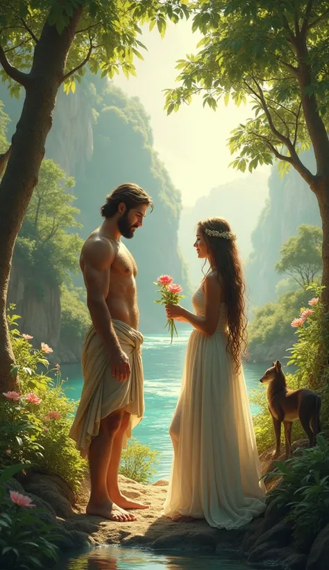 Adam and Eve enjoying the beauty of Jannah. Adam, with strong, kind eyes, is admiring the flora, while Eve, with soft features and flowing hair, is picking flowers. They are surrounded by flowing rivers, lush trees, and exotic animals.