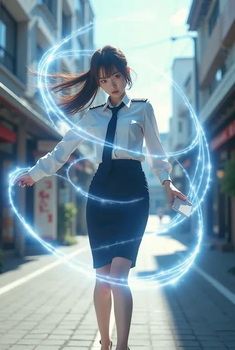 A beautiful Japanese woman in a female Self-Defense officer uniform, wearing a  white long-sleeve shirt, navy blue tie, navy pencil skirt, black patent high heels, She tries to pick up the smartphone that fell on the floor, A blue spiral of light appears o...