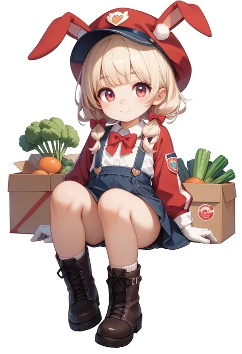 １ cute girl、Bouncy low twin、hot bangs 、Work Clothes with Fur  、hat、gloves、 boots、 miniature rabbit delivery man delivering vegetable boxes simple background、Geometric horizon background 、masterpiece、 top quality 、 high res