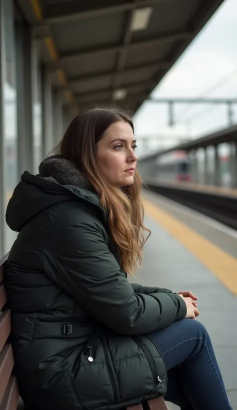 A 37-year-old woman wearing a jacket, sitting on a bench at a train station.