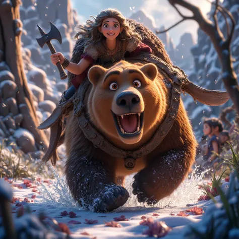 photorealistic of a female Viking warriors with long hair wearing a brown bear fur cloak riding a huge brown bear, detailed face, beautiful woman, holding axe with one hand, charging forward, cowboy shot, snow storm, secluded background, snow forest backgr...