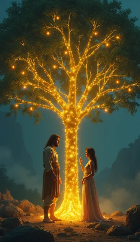 A glowing, forbidden tree stands in the center, with glowing fruits. Adam, tall and sturdy, looks towards the tree with curiosity. Eve, elegant and cautious, stands beside him, her hand slightly raised as she hesitates to reach for the fruit.