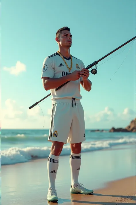 A hyper-realistic Ronaldo, wearing his football teams outfit and a gold chain around his neck, is fishing alone by the sea.