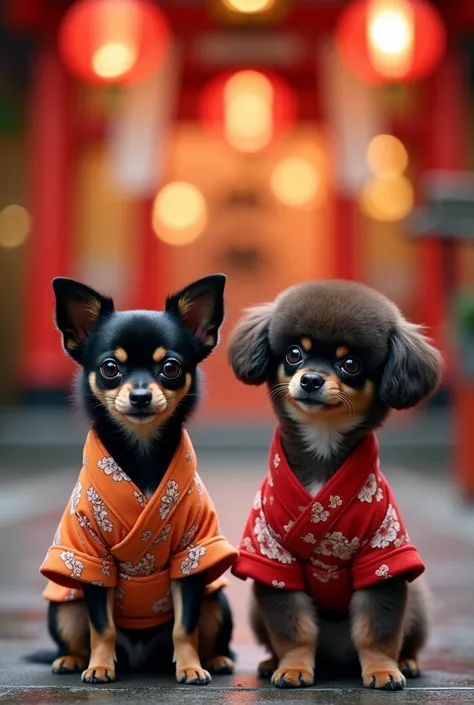  black tan long coat Chihuahuas wear kimonos to wear on New Years。New Years atmosphere 。Toy poodles are also wearing kimonos on their sides 。 2 people side by side to write votive plaques for the shrine 。