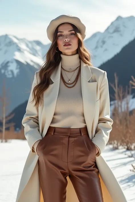 A woman in a soft pastel blazer with a beige turtleneck and brown leather trousers, accessorized with a chic beret and layered necklaces, standing against a scenic snowy mountain backdrop.