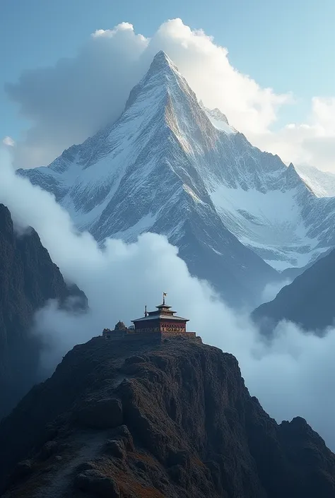 Kailash Parvat 4K ultra HD photo realistic and there is a temple on Kailash Parvat which is a Hindu temple and the weather of Kailash Parvat is covered with white clouds and it is very dark and the size of the photo should be wide (1792 x 1024)