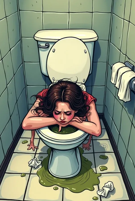 cartoon image of drunk woman face down on toilet vomit in toilet 