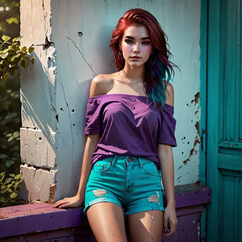 In the style of Charlie Bowater, (UHD), teenager (19 years old), athletic, female, middle European, 2 color hair (brown with red tips), simple T-shirt (off-shoulder, turquoise and purple), jeans (old holes at the knees), full body image, fair, evening 