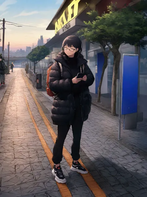 outdoors, 1girl, solo, shoes, sneakers, androgynous, glasses, phone, tree, holding, road, building, black hair, hood, pants, sky, cellphone, holding phone, backpack, jacket, bag, coat, standing, evening, black pants, down jacket, nike (company), black jack...