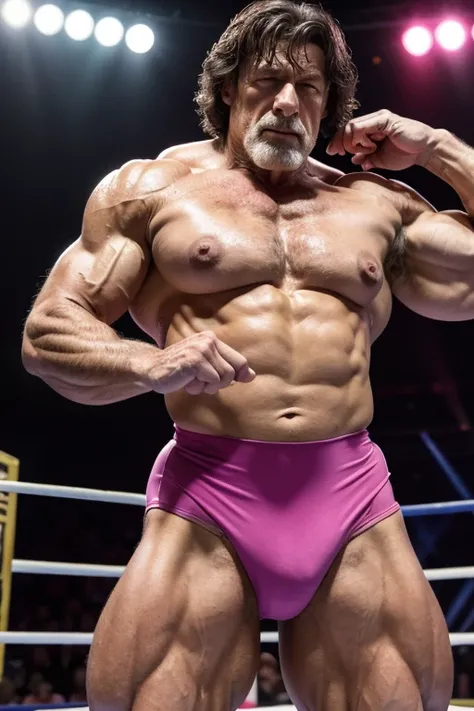 Hyperrealistic image of elderly Frank Zane,  bodybuilder who weighs more than 200 kg  ,With wet hair ,with big nipples ,  flexing muscles with highly developed quadriceps Dressed in a pink Spandex leotard of a Greco-Roman wrestler in a Greco-Roman wrestlin...