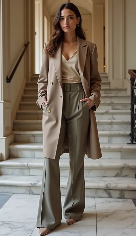 A 36-year-old woman in a chic outfit, standing by a marble staircase indoors.