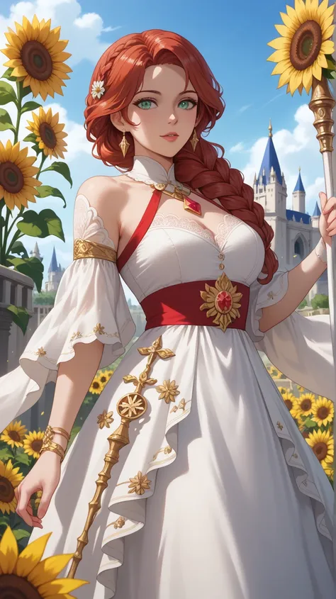 Hungary
A graceful anime angel in green, white, and red, evoking Hungarys heritage. Her long, auburn hair is braided with gold filigree and adorned with delicate flower accents. She wears an elaborate folk dress with intricate floral embroidery and lace, d...