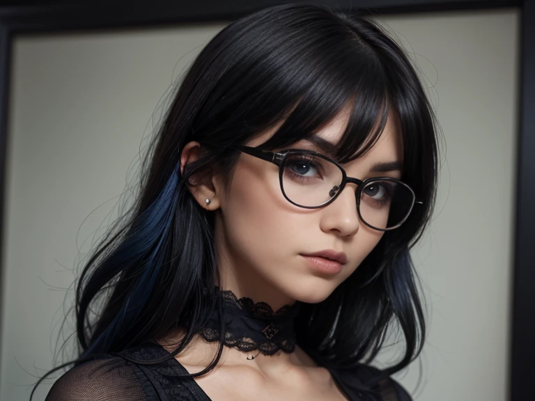 goth girl, dark hair with blue strands, black framed glasses, a dark Gothic blouse