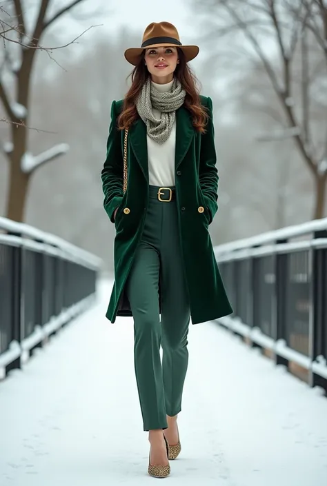 A woman in a rich green velvet blazer with a white turtleneck and tailored pants, accessorized with a wide-brimmed hat and chic scarf, walking along a snowy bridge.