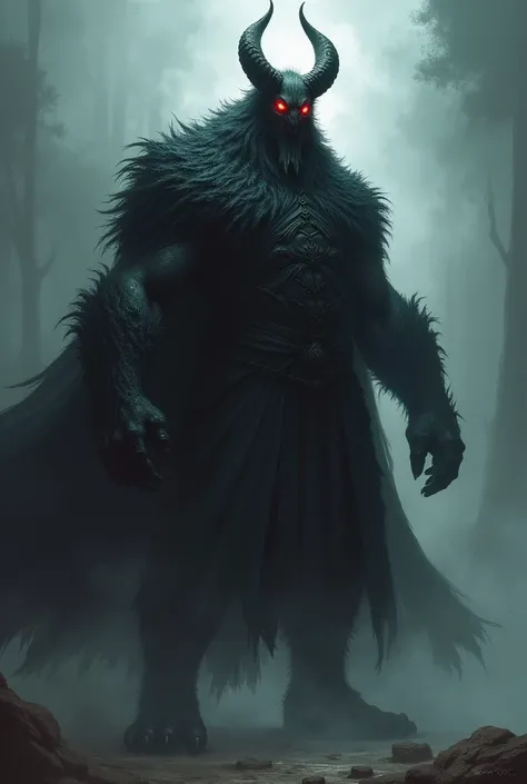  I want a detailed image of a fantasy character named Balaroth .Its a colossal being of pure darkness ,  whose presence alone causes the air to become heavy .  His body is a mixture of dense shadows and haze ,  with shapes that seem to be constantly changi...