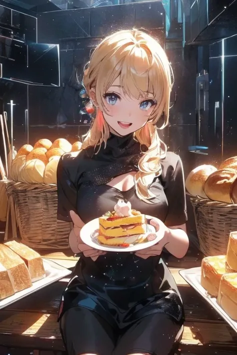 (perky chest:1.2), (pointed chest:1.2),(((Black Tunic:1.3))),(((cakes and bread in the basket),Cute and beautiful, 1girl, long hair, cleavage, blonde hair, looking at viewer, chopsticks, shorts, shirt, solo, have a coffee, rabbit stuffed toy, bright lighti...