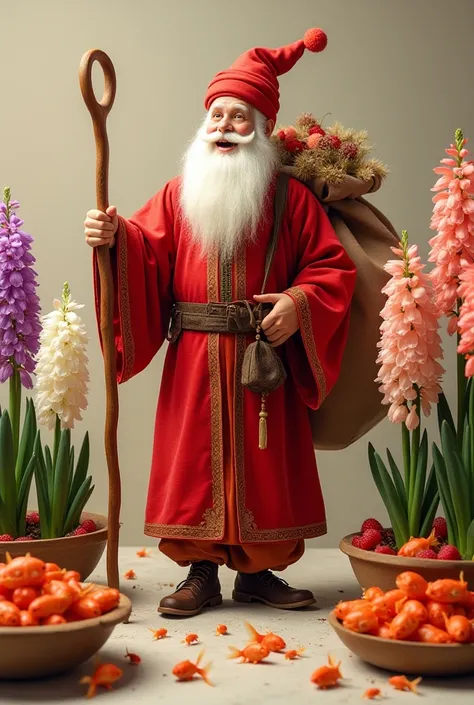 Amoo Nowruz spreading joy during Nowruz, dressed in traditional Persian attire with a vibrant red robe, holding a walking stick, and carrying a sack of gifts surrounded by blooming hyacinths and goldfish in bowls.