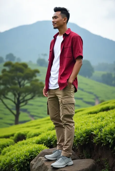  A neatly arranged tea plantation on a high and wide plateau, there is a poho pine tree , In the distance there is a mountain ,  there is a handsome Indonesian man ,  of very short jabrik hair ,  wearing a red shirt white t-shirt ,  beige cargo pants gray ...