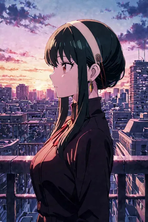 1girl, yor, spyxfamily, city, anime
 , (masterpiece:1.2), (best quality:1.2), (very aesthetic:1.2), (absurdres:1.2), (detailed background), newest, intricate details,anime background