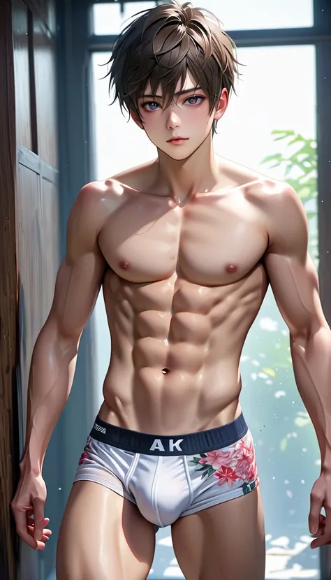 solo japanese twink boxer boy, abs, detailed eyes, topless, briefs, bulge, best quality, 4k, 8k, highres, (masterpiece:1.2), ultra-detailed, (photo realistic:1.3),