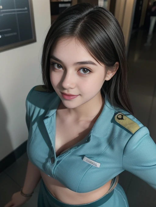 1girl, solo, 19 years old, (uniform), standing, in the middle of a large airport, seductive pose, thick medium breasts, fit body, smooth realistic skin, cute little smirk, looking at the audience, high angle shot, (overhead shot:1.2), (zoom-out:1.4), (8k, ...