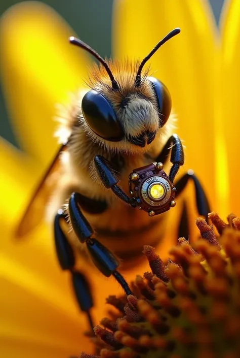 The tiny man Inventor on a Honeybee
Macro photograph of a tiny inventor wearing goggles and a patchwork leather apron, holding a glowing mechanical contraption. The inventor is perched on a honeybee, clutching its fuzzy thorax as it hovers over a sunflower...