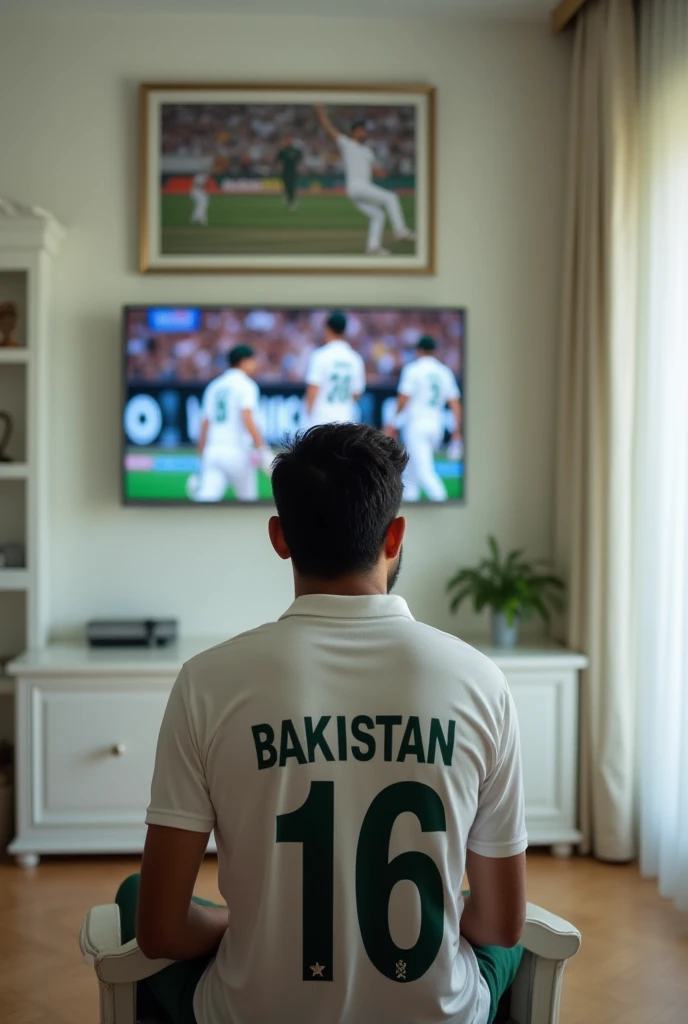 A 20-year-old Pakistani man named Saddam Baloch and number 16 on his back is sitting on a chair with a pictur on his wall and two white Pakistani team shirts with the name  on them and a white luxury room watching Pakistans Test match live on TV.