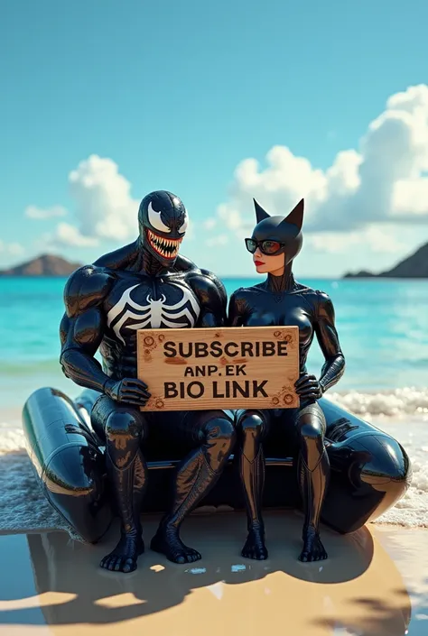 Venom and Catwoman holding a wood that say subscribe and check bio link  at beach while sitting Futuristic Hydrofoil Boat
