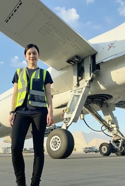 The scene depicts a photorealistic outdoor setting where a young Turkish woman stands casually beside the colossal landing gear and wing of a modern airplane parked on a sunlit airfield. The airplane, a towering marvel of engineering, showcases its immense...