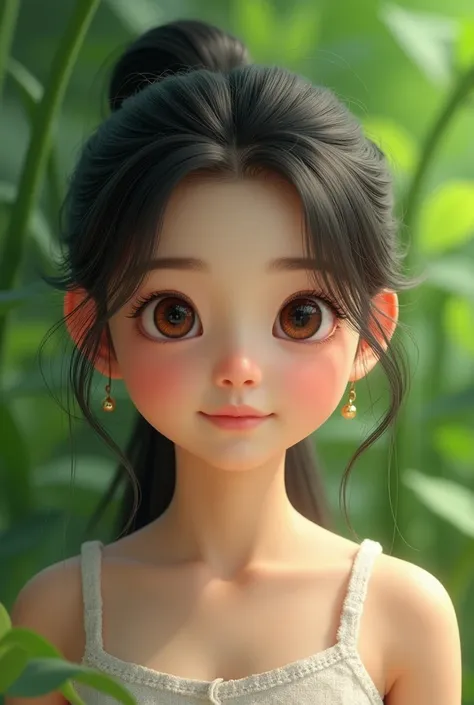 create a realistic Asian girl with big brown eyes with a small nose with a round face in a green background