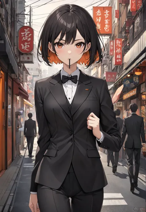   1 girl,  semi-short hair ,    High Definition  , masterpiece,   anatomically correct,   top quality ,   black hair,   tall 、 slender、Reddish brown eyes、  close your mouth, Around town、  black suit、 black tuxedo 、dark orange interior color