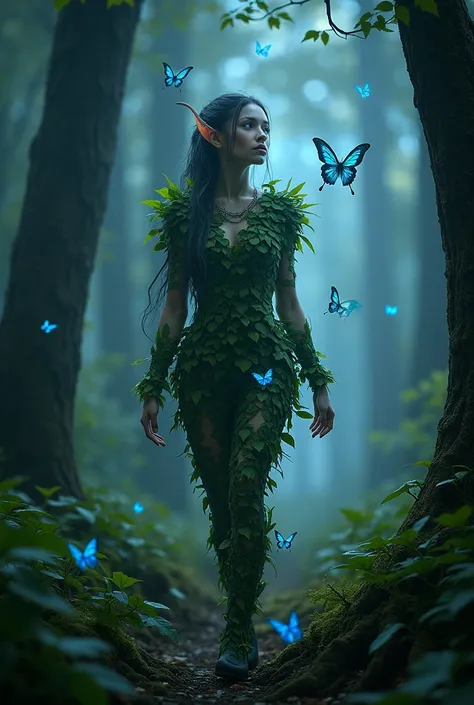 Elf dressed in a leaved ,  Walking through the woods at night,  costume surrounded by blue butterflies that emit flashes of white light 