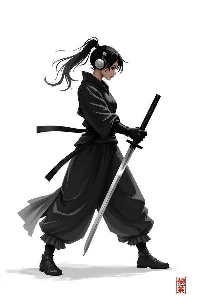 Female Ninja、wield a sword
Ink painting 、 drawn with a simple black brush
,   has a pure white background、   headphones  