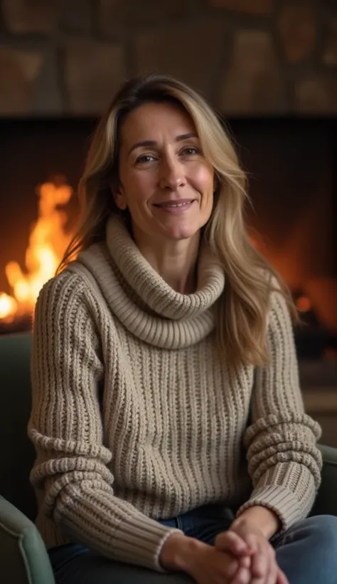 A relaxed 38-year-old woman, wearing a turtleneck sweater, sitting near a fireplace.