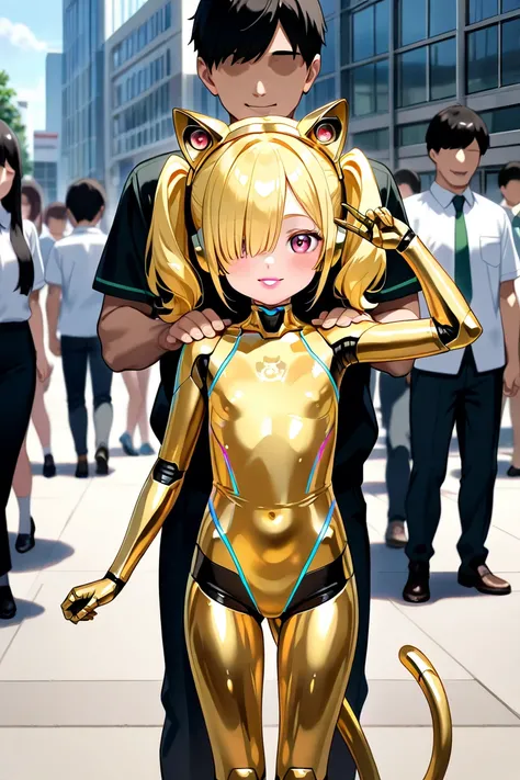 yellow plastic hair, loli, twintails, full lips, lip filler, lipstick, , (shiny gold metallic  robot body:1), coloured trim, robot ears covers, smile, eye shadow, standing, hair over one eye,  outside at a university campus,  robot cat ears and a tail, cro...