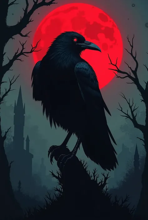  I want a nightmare scenario with a crow as a highlight, I want a red moon in the background and a darker environment  