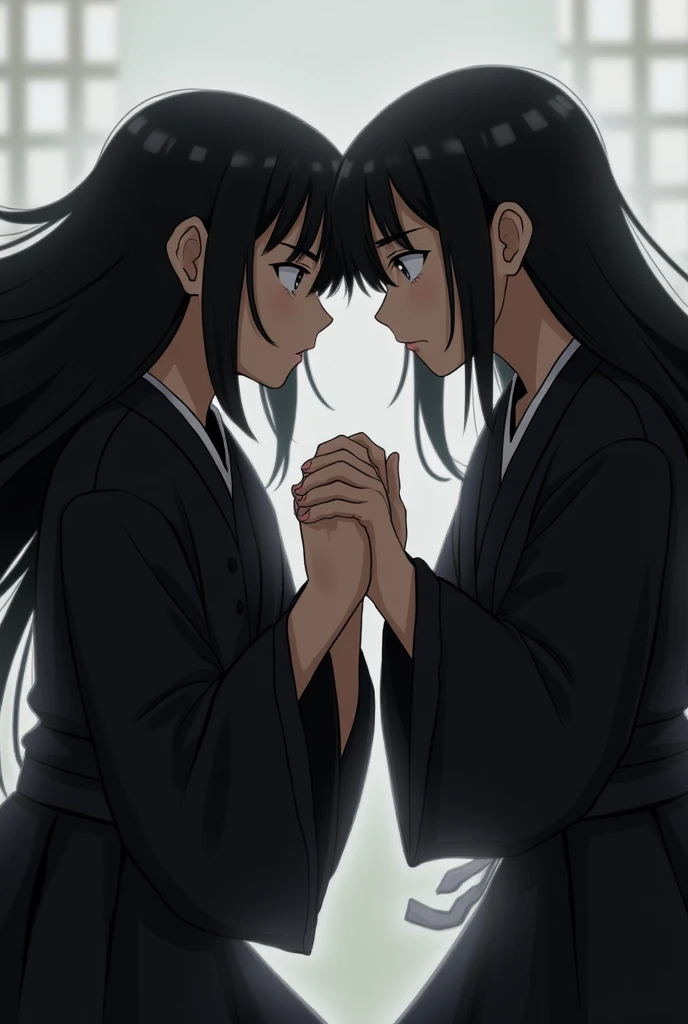  Two serious Japanese women , hand grips ,  long black hair ,  Black clothing a dress with long sleeves 