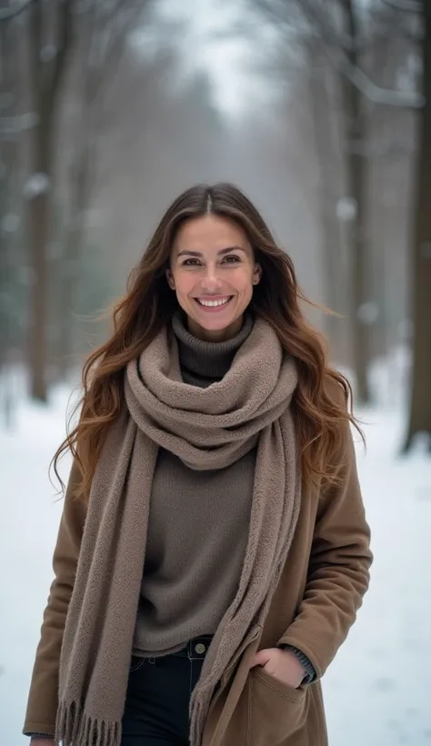 A friendly 35-year-old woman with long hair, wearing a turtleneck and scarf, walking in a snowy forest.