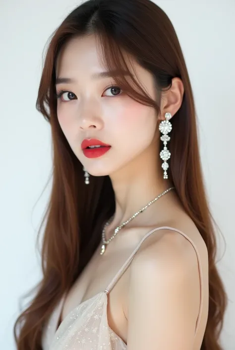 A beautiful brown-haired Chinese girl. She is twenty years old with a typical Chinese face. She is wearing a luxurious Spaghetti strap dress.She is wearing brown eye shadow and red lipstick. She has a calm, indifferent, and stern appearance with no smile a...