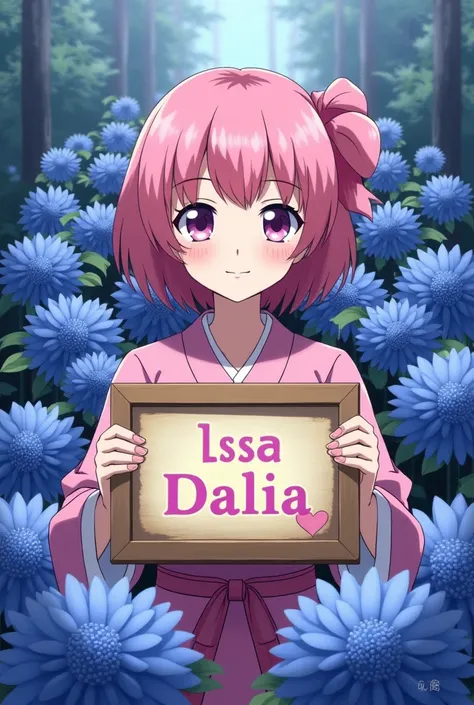  A wallpaper with blue dahlias and black dahlias in the background . In front of Sakura Kinomoto of Sakura Card captor holding a sign with a wooden frame, with the name Issa Dalia in pastel pink letters  