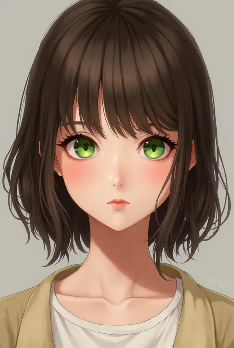 14-year-old girl, height 1 .58 realistic brown hair down the shoulders bangs on the forehead and green eyes 