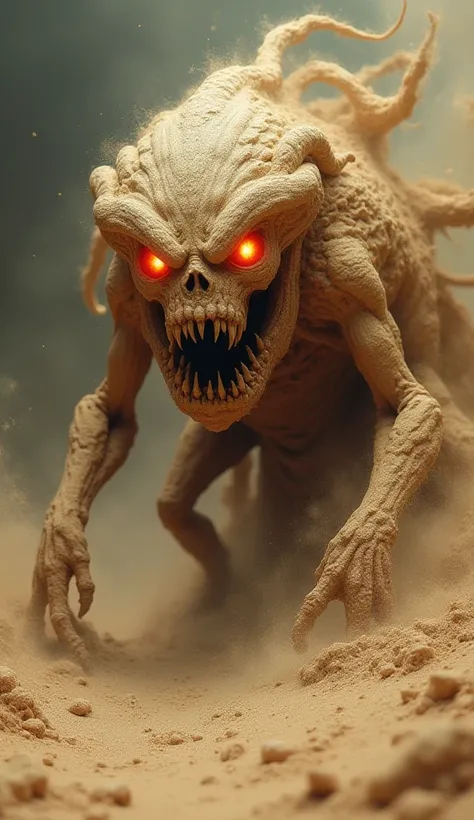 A horrifying, ancient creature made of swirling, sentient sand, with glowing, fiery red eyes. Its body shifts and warps, making it impossible to catch or escape. It has a mouth that devours everything in its path, leaving behind only bones and dust.